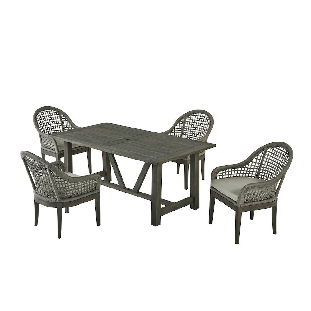 Gray Outdoor Dining Set – Acacia Wooden Table with 4 Rope Chairs