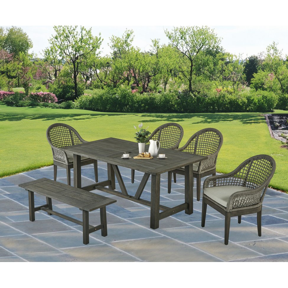 Gray Outdoor Dining Set – Acacia Wooden Table with 4 Rope Chairs and Bench