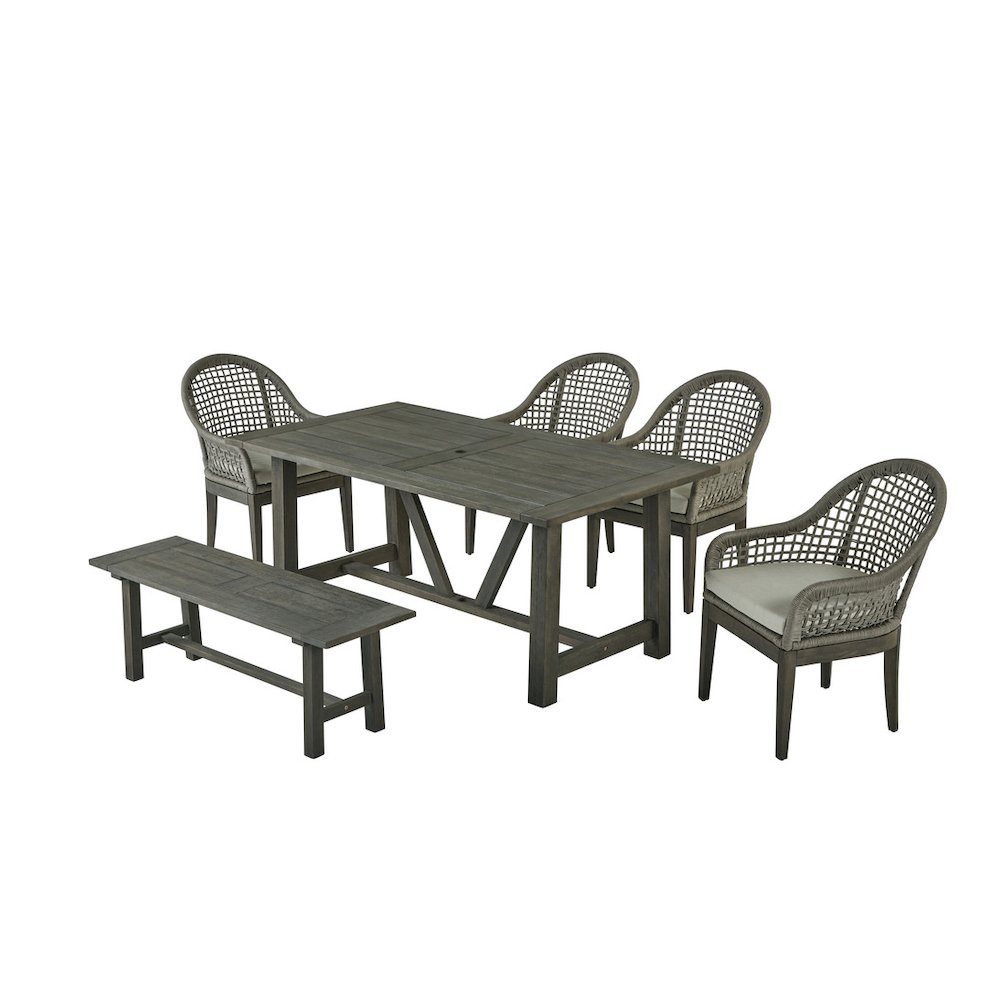 Gray Outdoor Dining Set – Acacia Wooden Table with 4 Rope Chairs and Bench