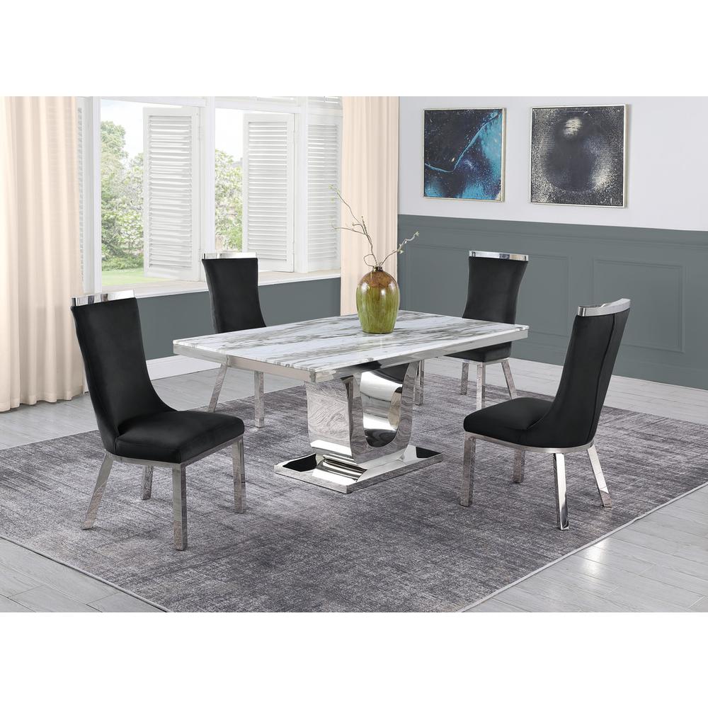 5pc dining set- Rectangle Marble table with a U shape base and 4 side chairs in Black Velvet