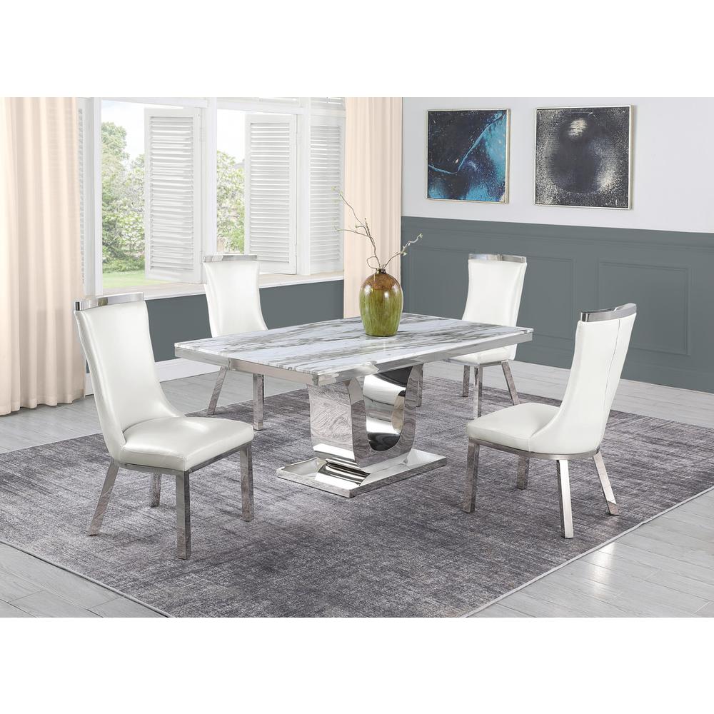 5pc dining set- Rectangle Marble table with a U shape base and 4 side chairs in White faux Leather