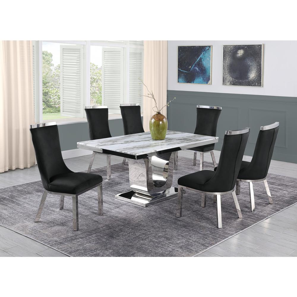 7pc dining set- Recatngle Marble table with a U shape base and 6 side chairs in Black