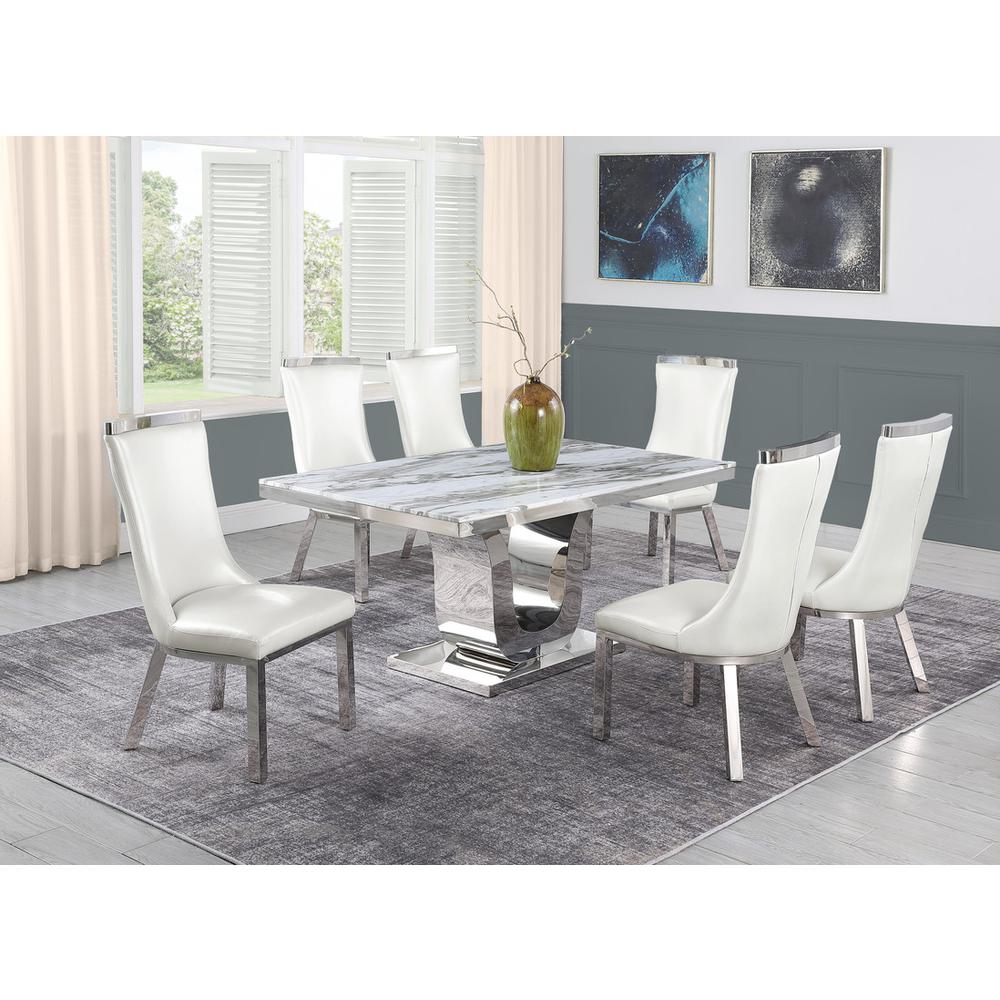 7pc dining set- Recatngle Marble table with a U shape base and 6 side chairs in White faux leather