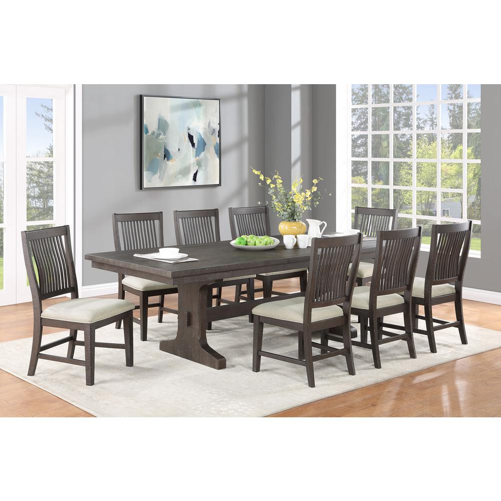 9pc dining set wood with 9 matching beige linen fabric chairs
