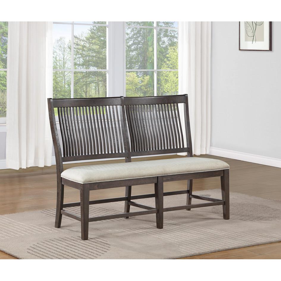 6 piece dining set with 4 beige linen side chairs and single side bench