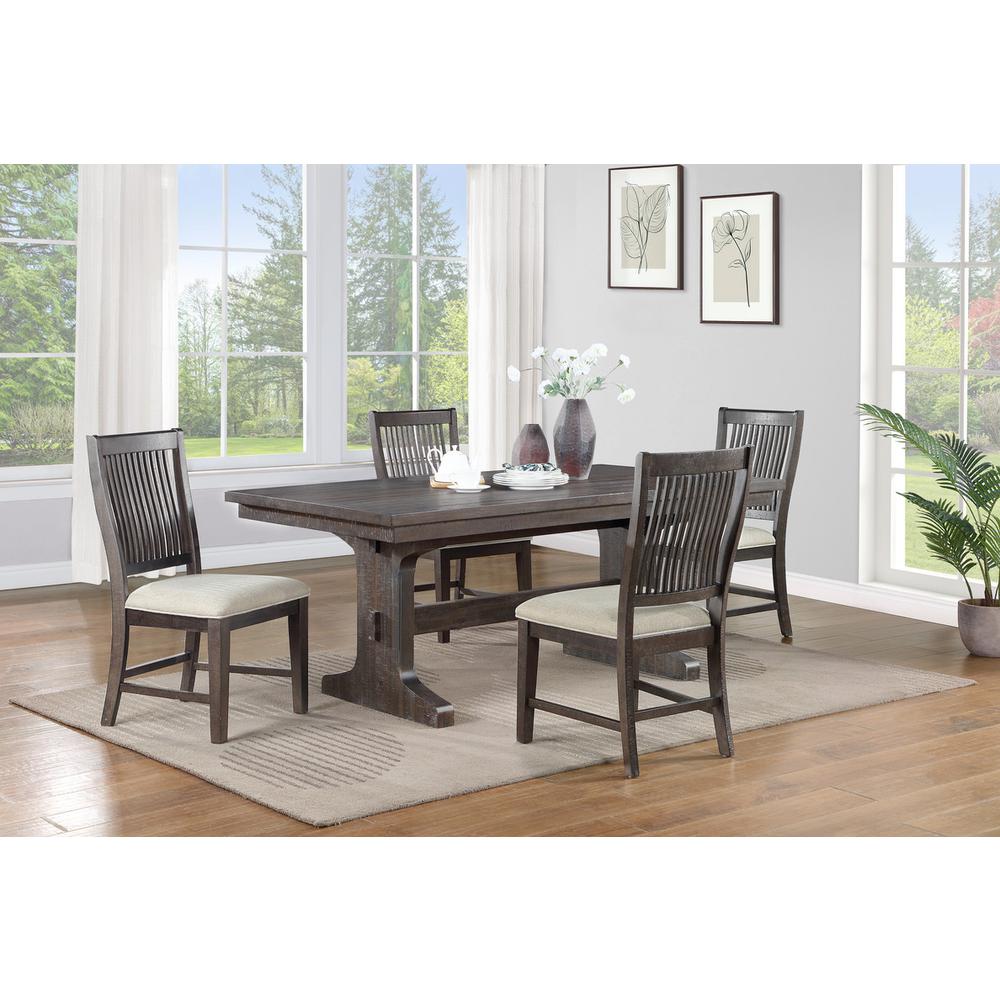 5 piece dining set in rustic brown with beige linen side chairs.