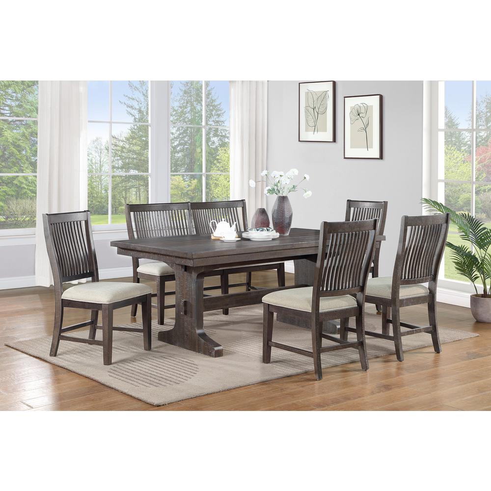 6 piece dining set with 4 beige linen side chairs and single side bench