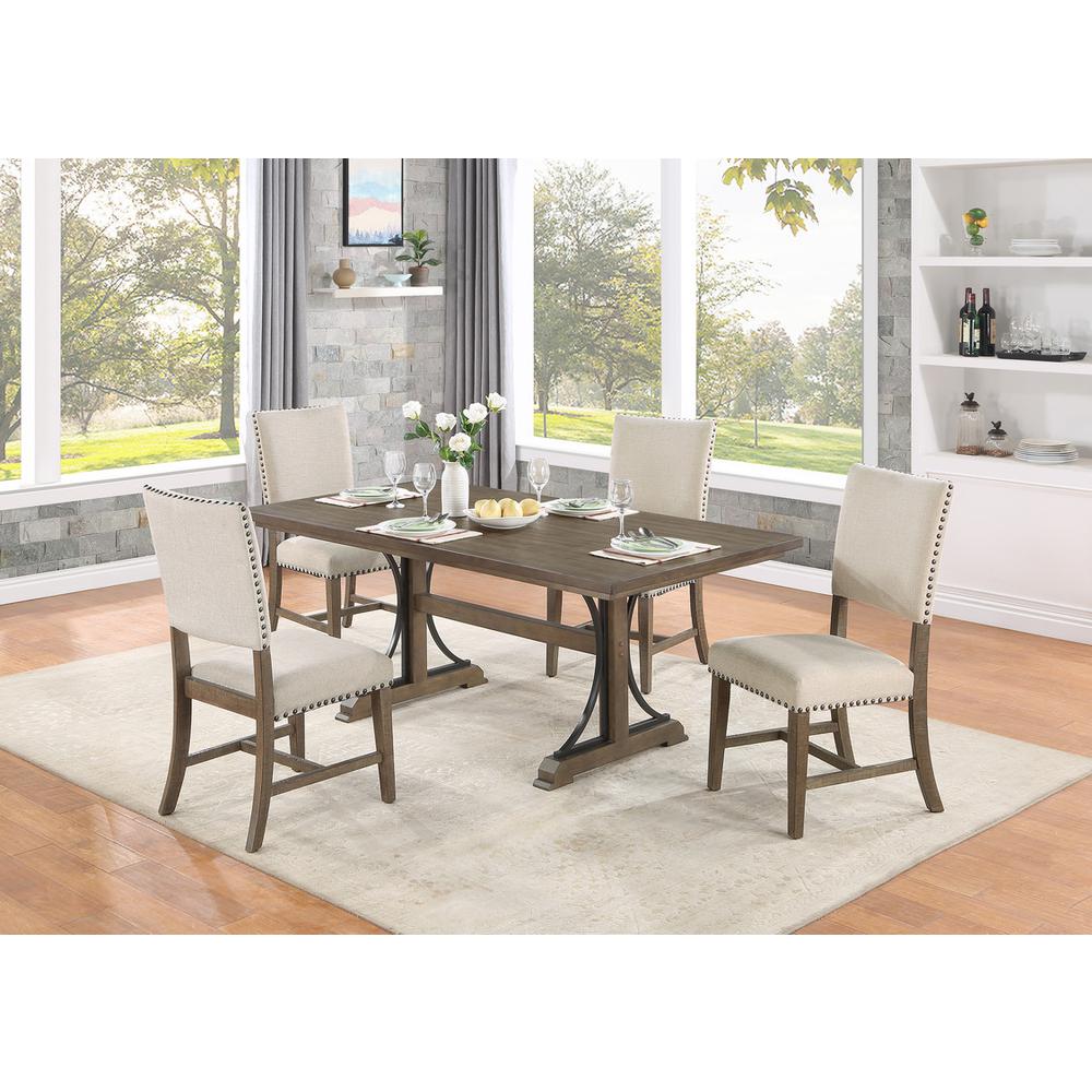 5 piece modern farmhouse dining set in brown oak and beige side chairs