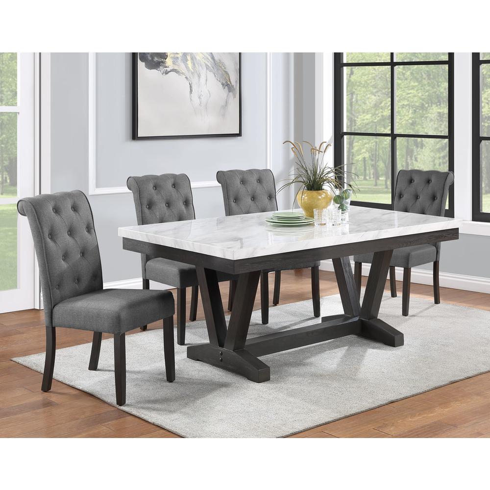 Faux Marble Wrap Table set with grey linen dining chairs
