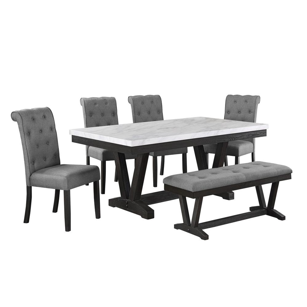 6 pc Dining set Faux Marble Wrap Table set with grey Linen Chairs and one bench