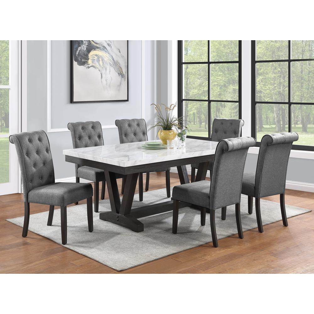 7 pc Dining set Faux Marble Wrap Table set with grey Linen dining chairs