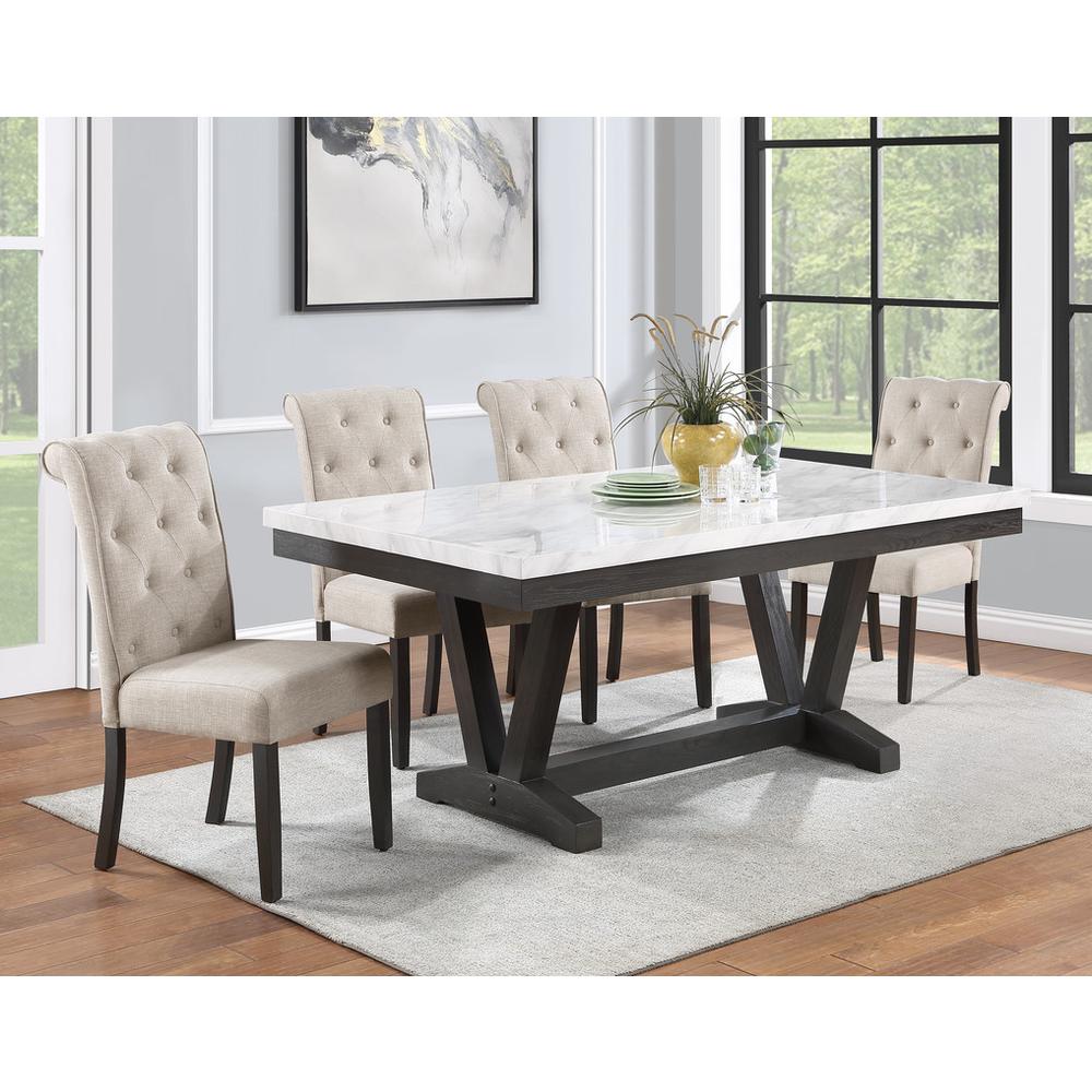 Faux Marble Wrap Table set with Beige linen dining chairs