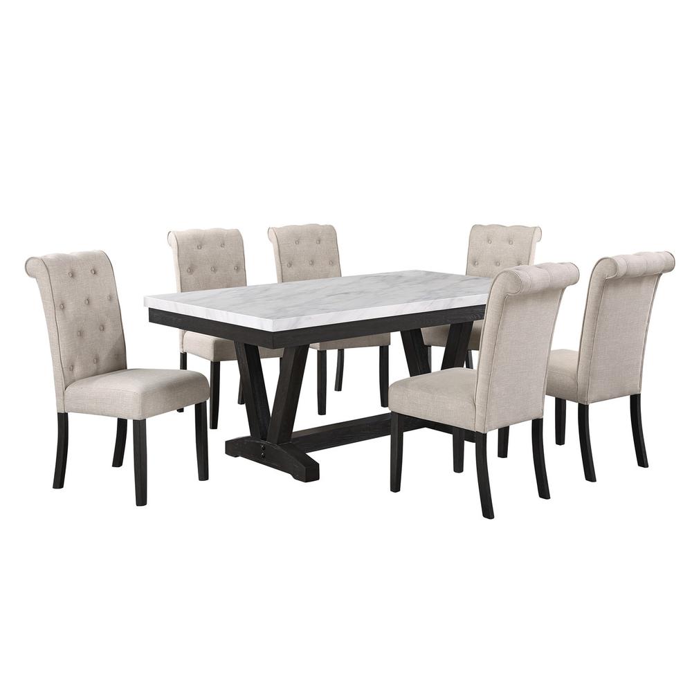 7 pc Dining set Faux Marble Wrap Table set with Beige Linen dining chairs