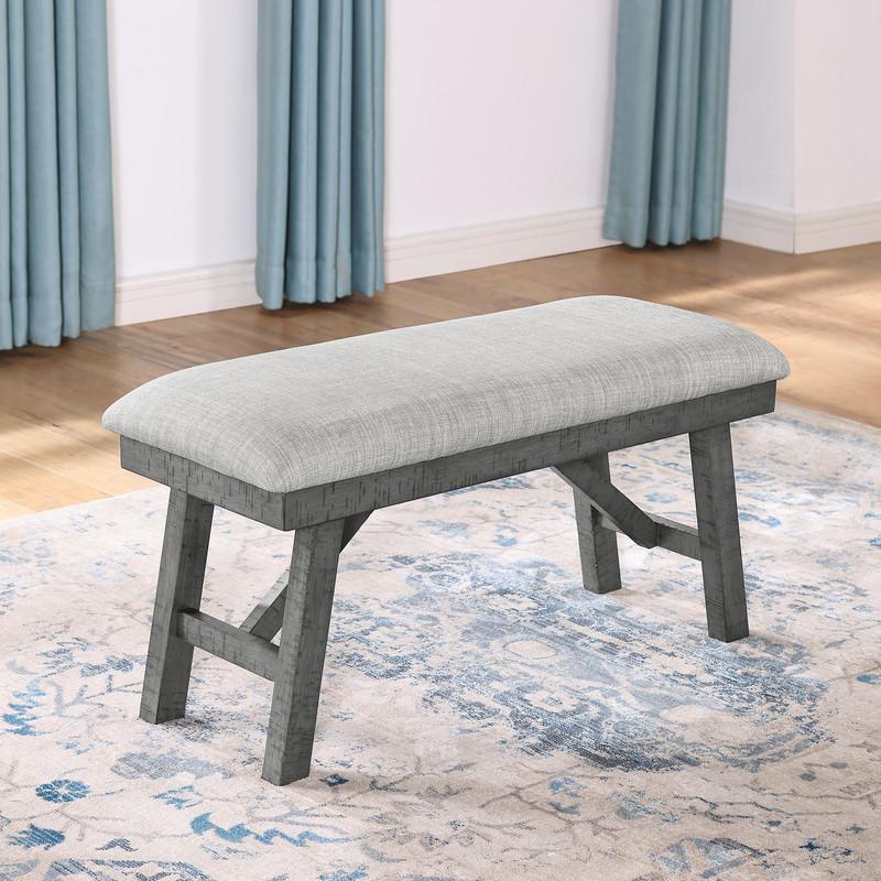 Upholstered rustic grey dining bench with light grey linen fabric