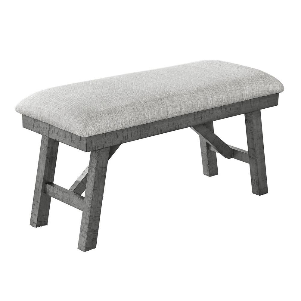 Upholstered rustic grey dining bench with light grey linen fabric