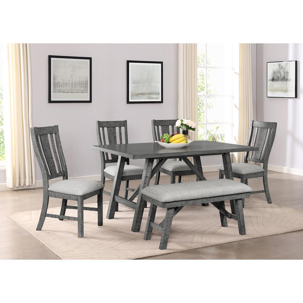 Upholstered rustic grey dining bench with light grey linen fabric