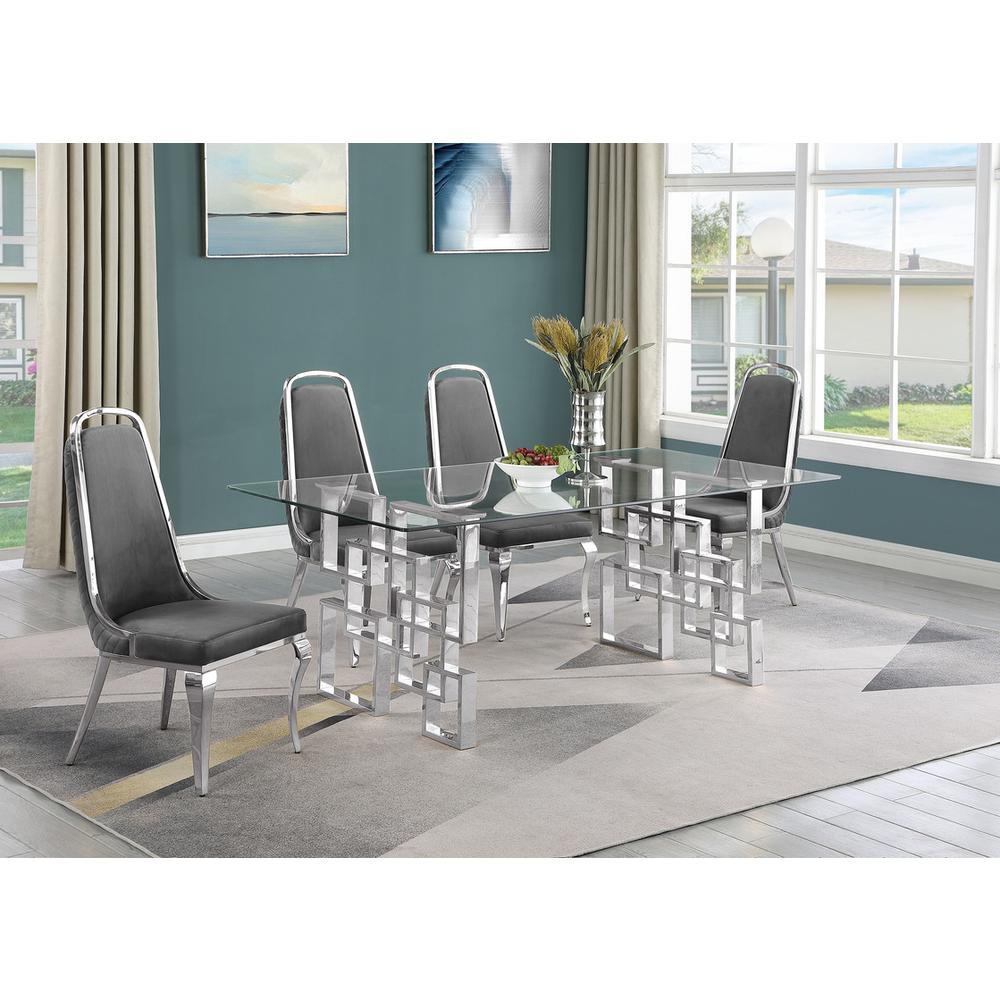 5-piece glam dining set with 4 Dark grey chairs and one 79″L glass dining table
