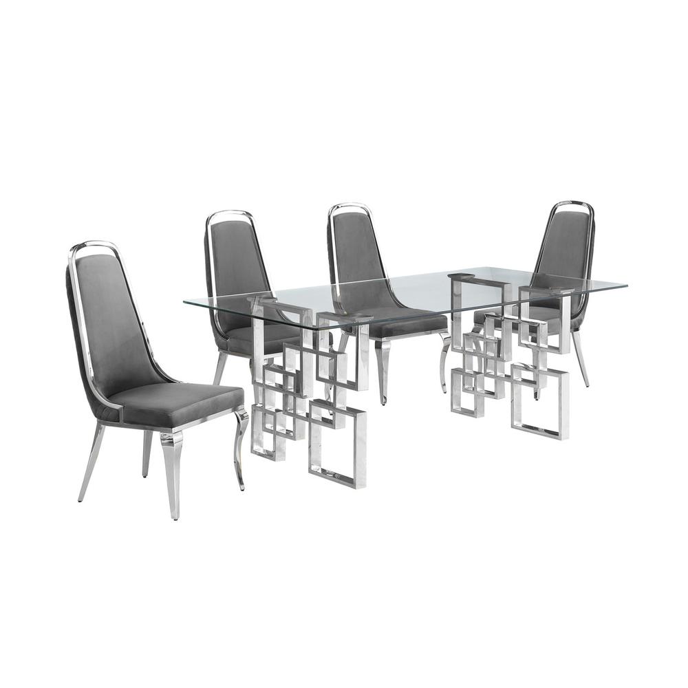 5-piece glam dining set with 4 Dark grey chairs and one 79″L glass dining table