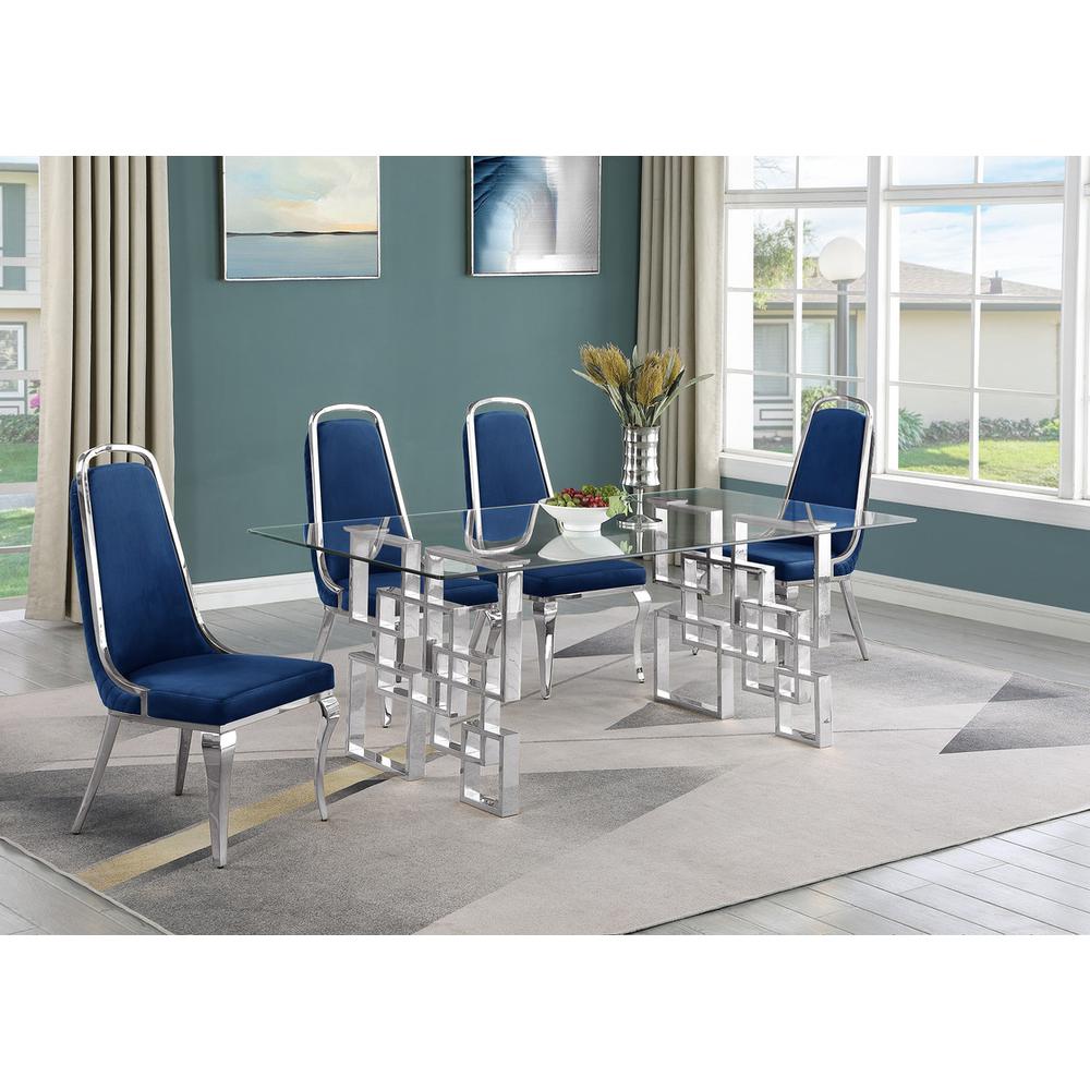 5-piece glam dining set with 4 Navy blue chairs and one 79″L glass dining table