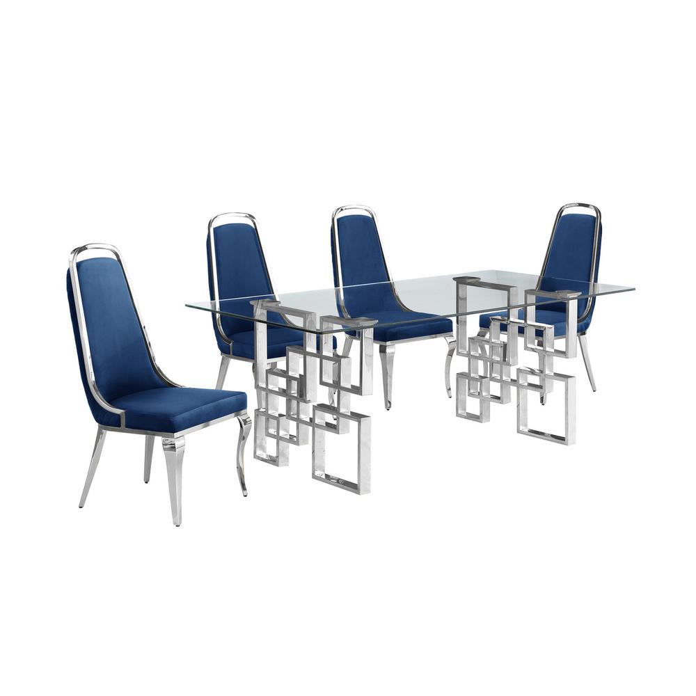 5-piece glam dining set with 4 Navy blue chairs and one 79″L glass dining table