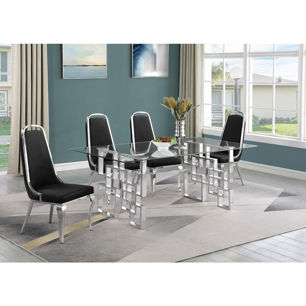 5-piece glam dining set with 4 Black side chairs and one 79″L glass dining table