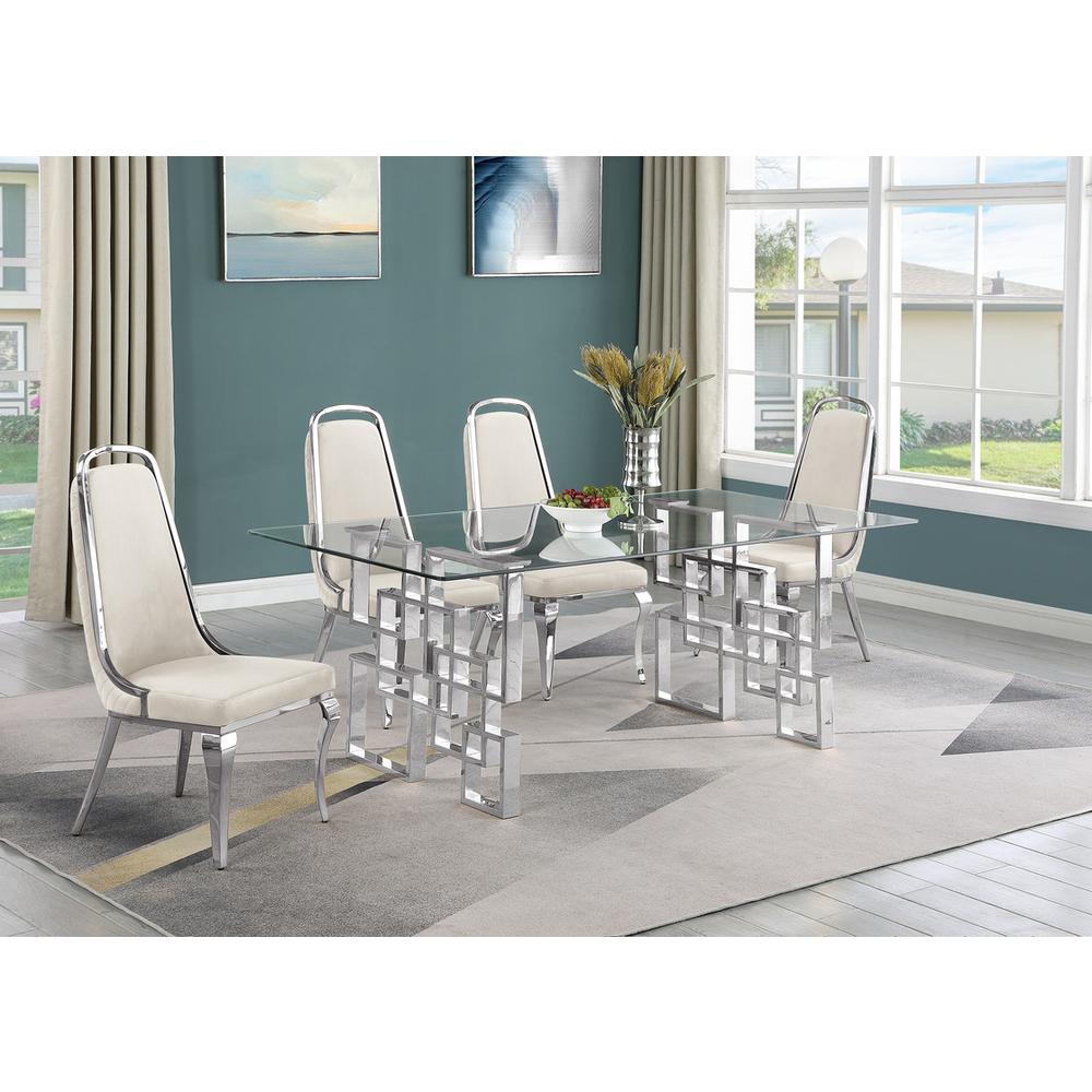 5-piece glam dining set with 4 Cream side chairs and one 79″L glass dining table