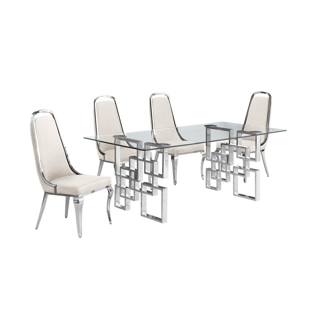 5-piece glam dining set with 4 Cream side chairs and one 79″L glass dining table