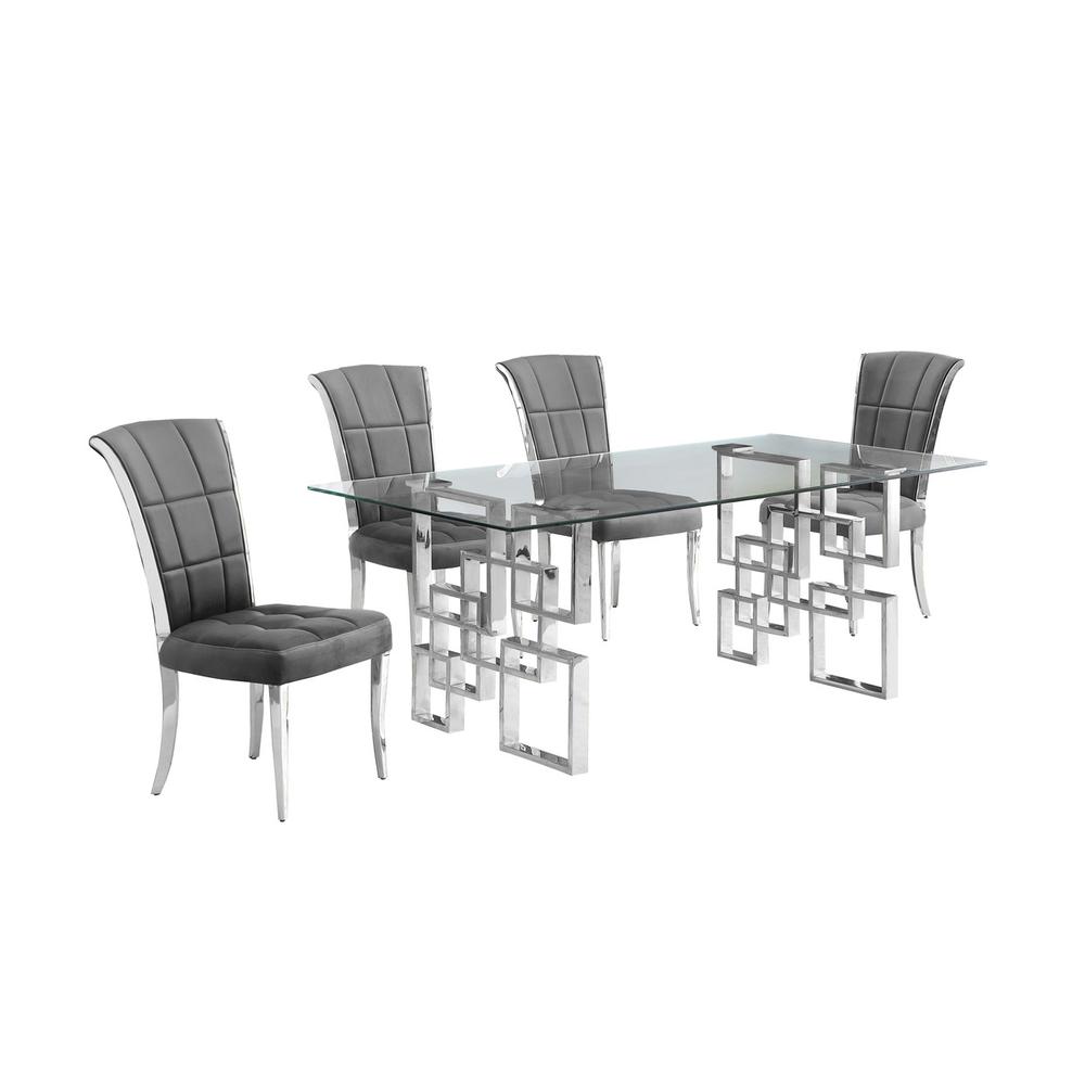 5-piece glam dining set with 4 dark grey chairs and a 79″ long glass  table