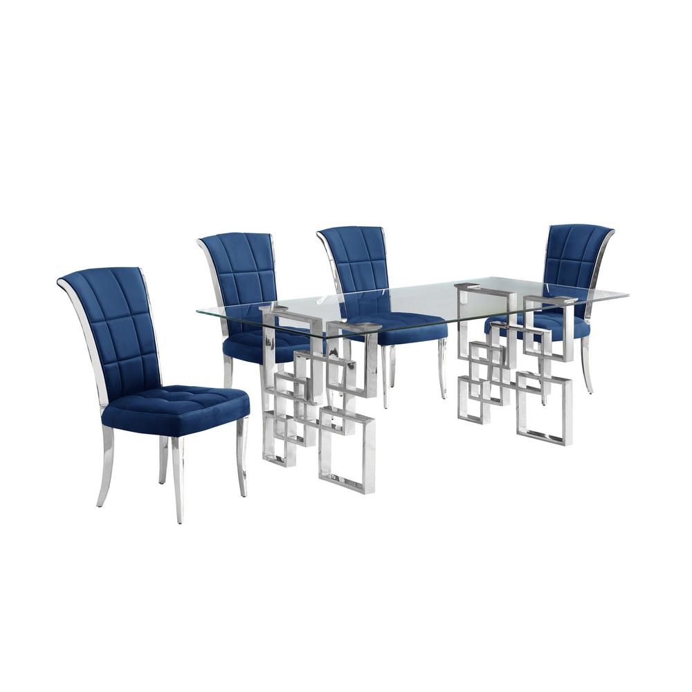 5-piece glam dining set with 4 navy blue chairs and a 79″ long glass  table