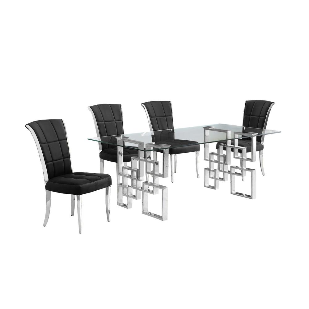 5-piece glam dining set with 4 black chairs and a 79″ long glass  table