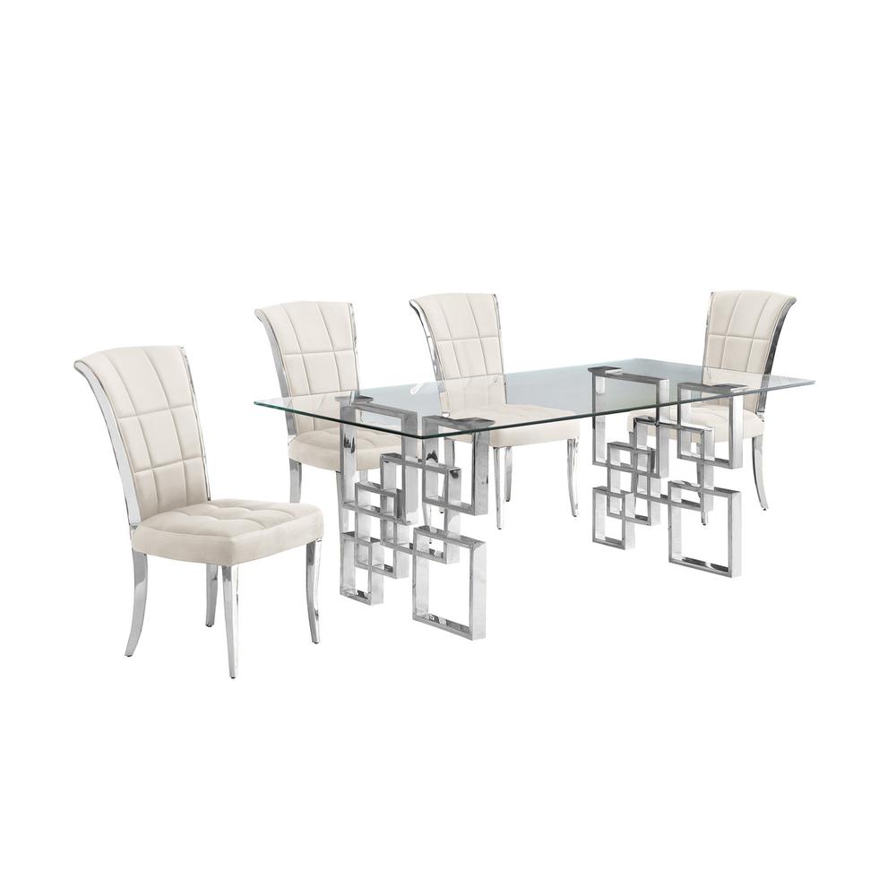 5-piece glam dining set with 4 cream chairs and a 79″ long glass  table