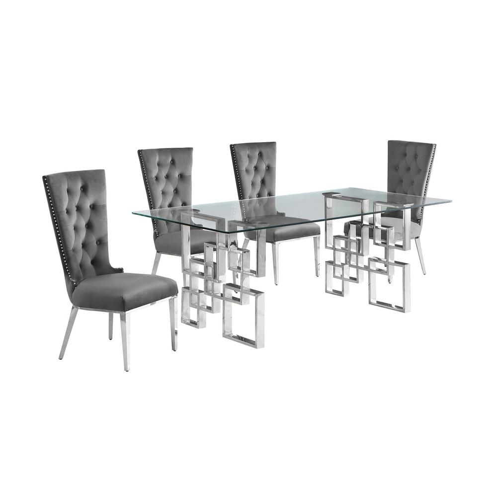 5-piece glam dining set with 4 dark grey chairs and a 79″ long glass  table