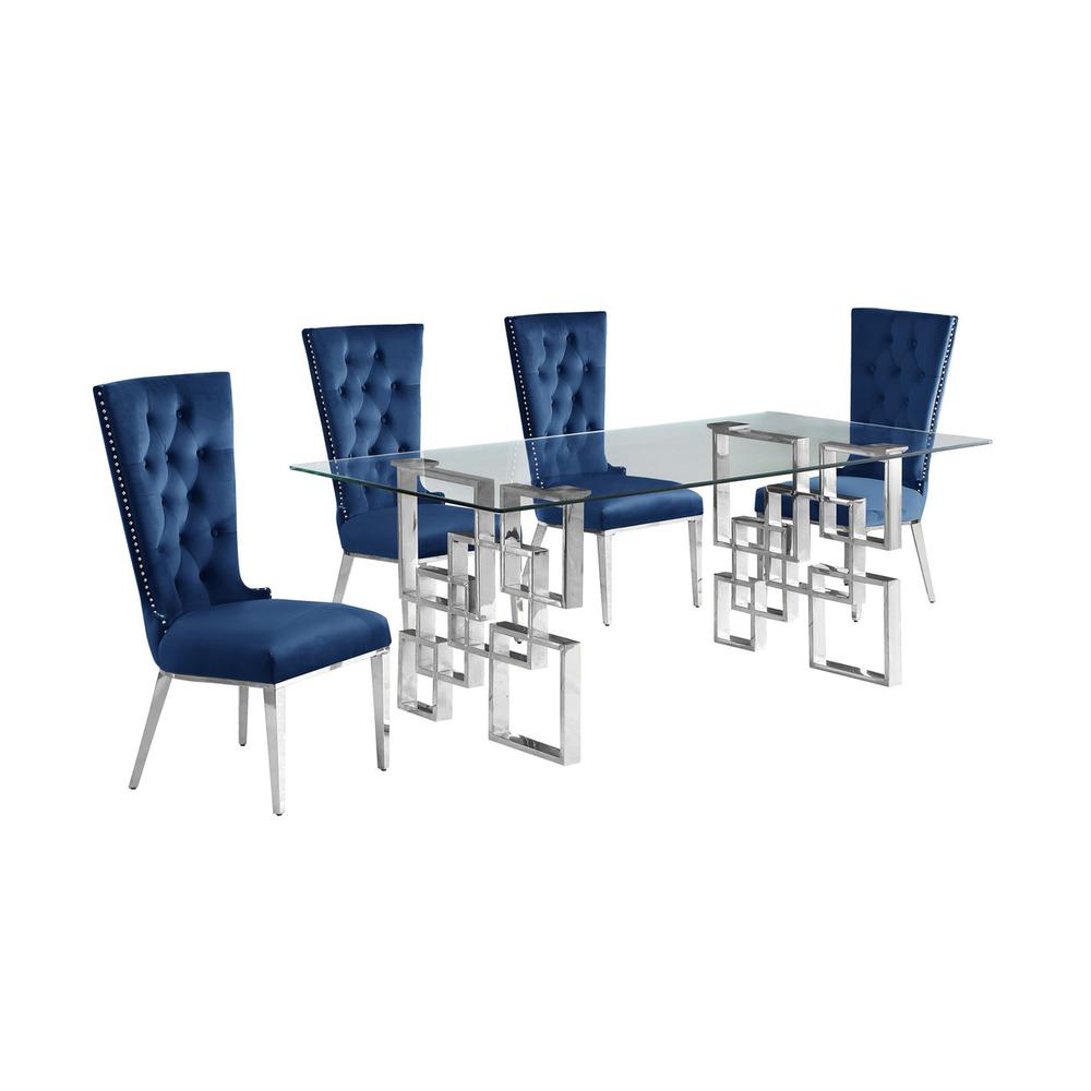 5-piece glam dining set with 4 navy blue chairs and a 79″ long glass  table