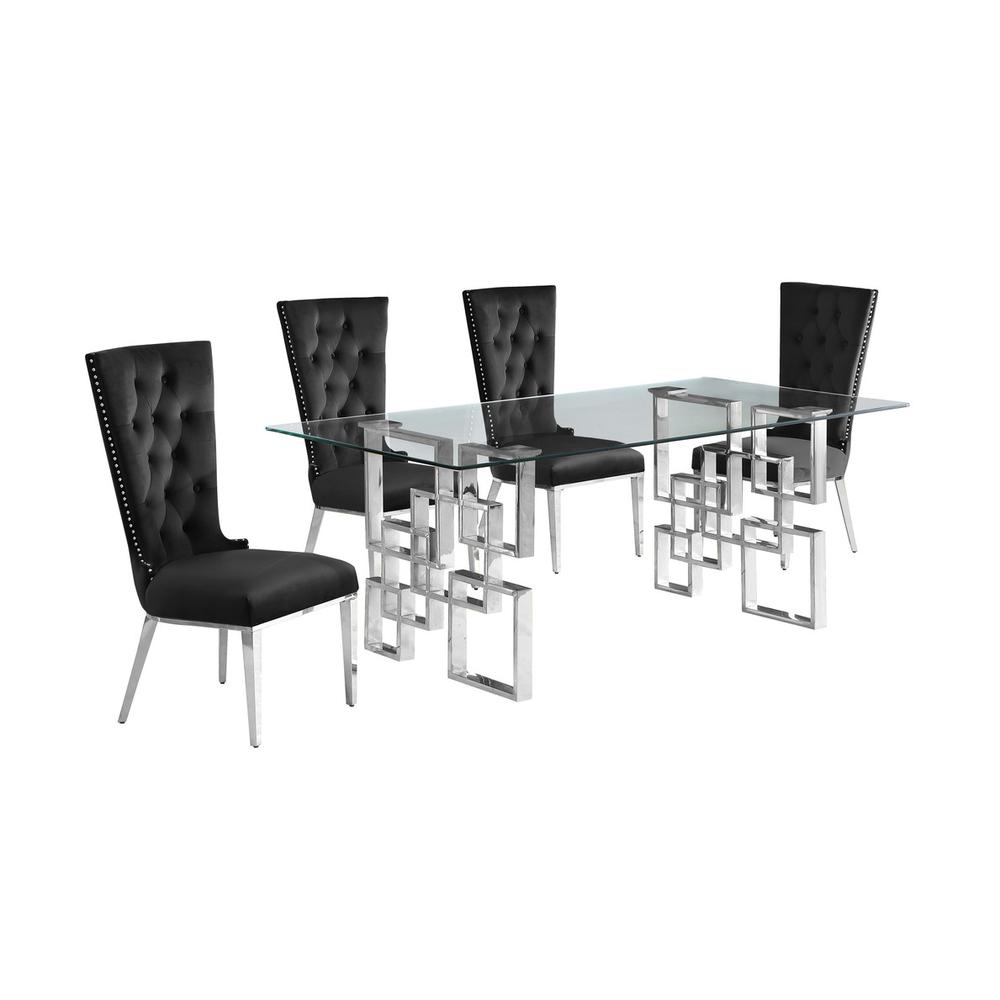 5-piece glam dining set with 4 black chairs and a 79″ long glass  table