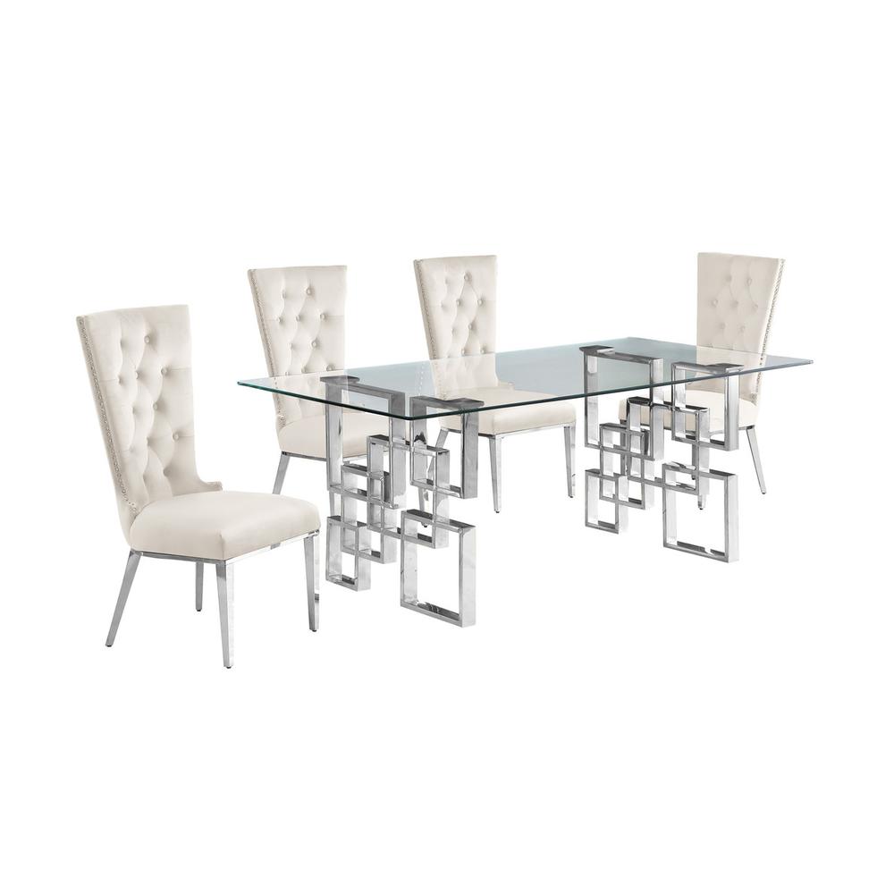 5-piece glam dining set with 4 cream chairs and a 79″ long glass  table