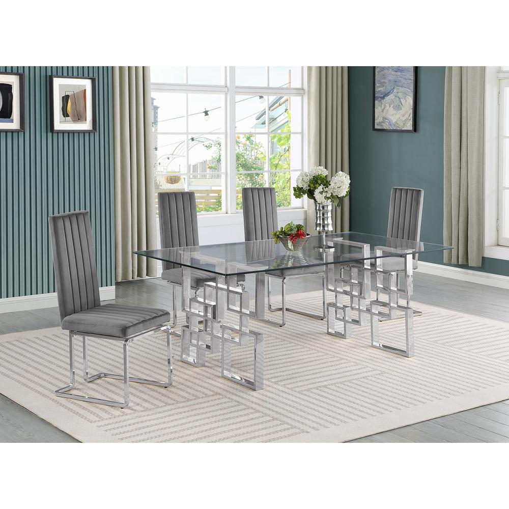 5-piece glam dining set with 4 Dark grey chairs and one 79″ glass  table