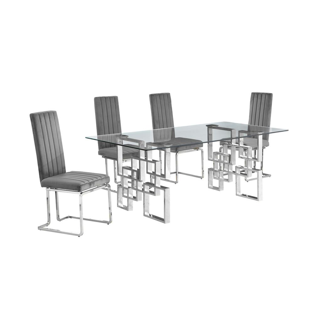 5-piece glam dining set with 4 Dark grey chairs and one 79″ glass  table