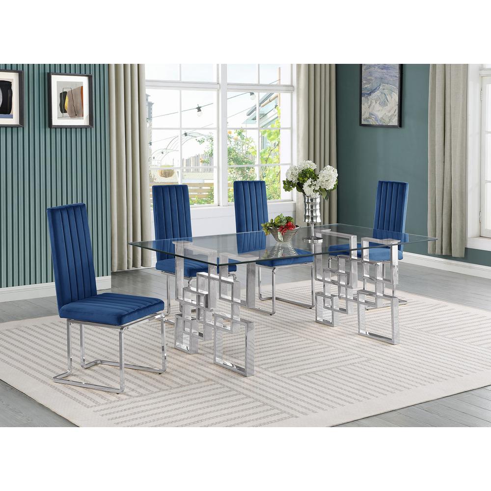 5-piece glam dining set with 4 Navy blue chairs and one 79″ glass  table