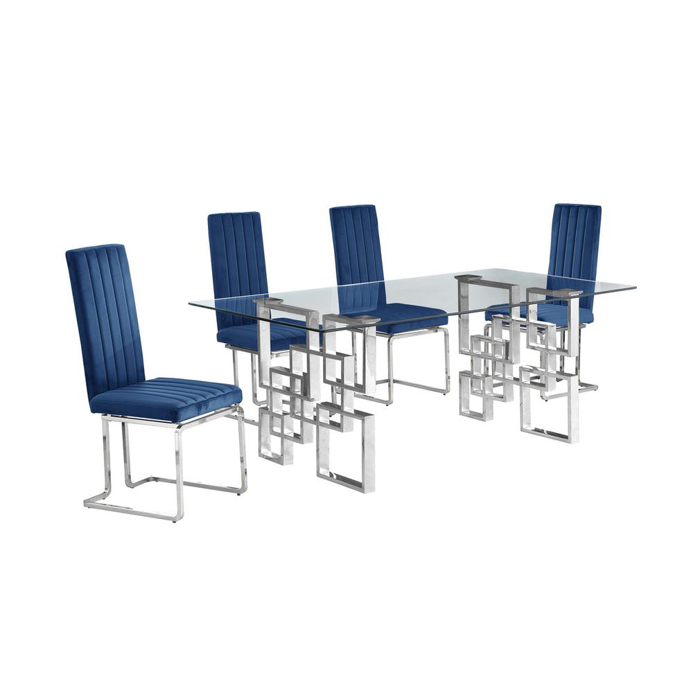 5-piece glam dining set with 4 Navy blue chairs and one 79″ glass  table