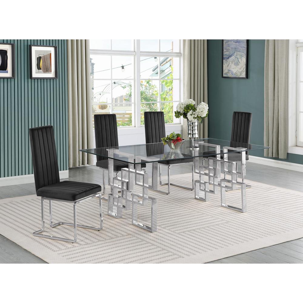 5-piece glam dining set with 4 Black chairs and one 79″ glass  table