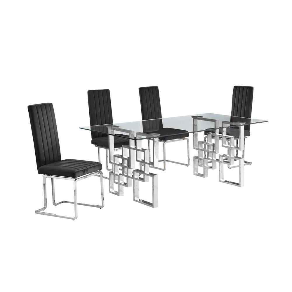 5-piece glam dining set with 4 Black chairs and one 79″ glass  table