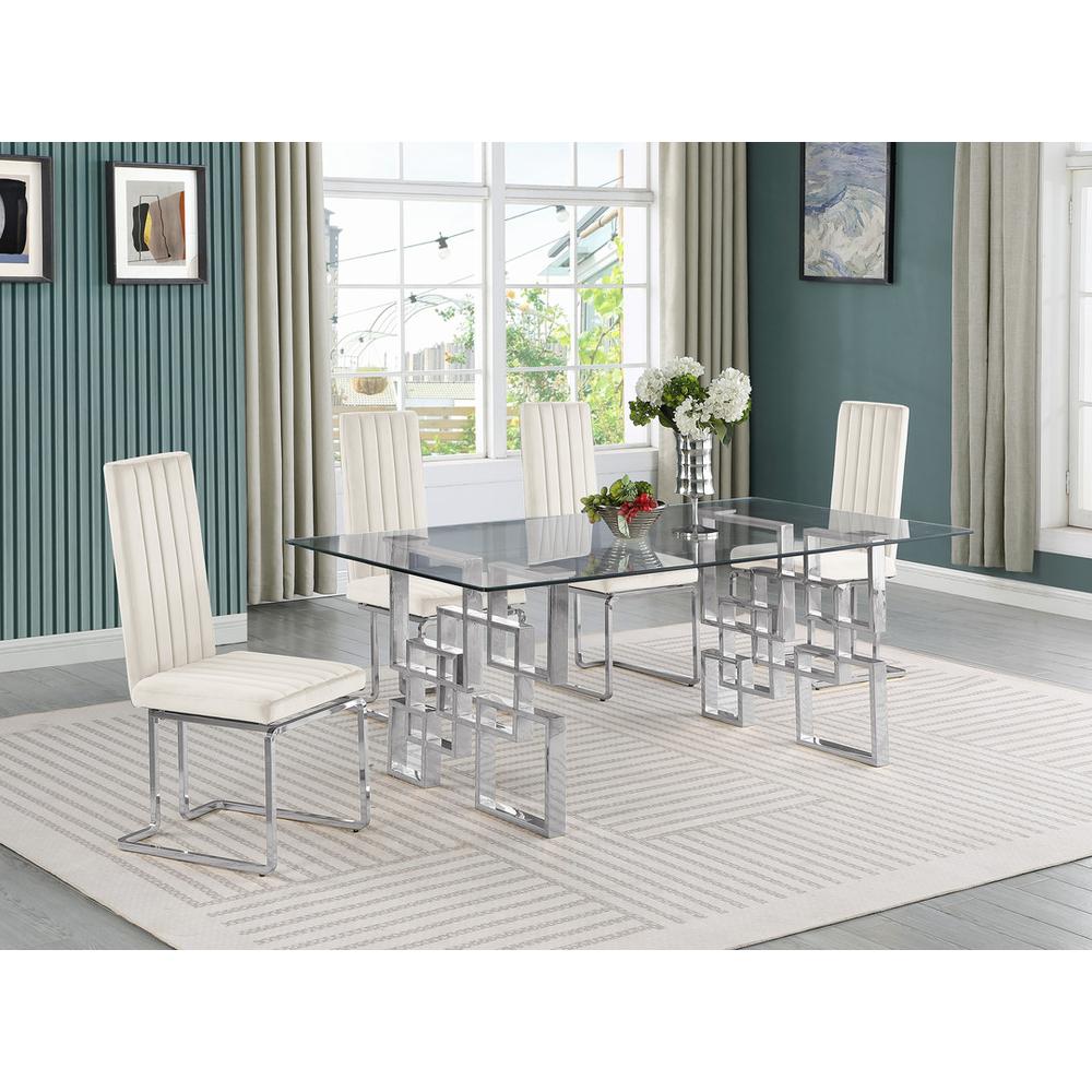 5-piece glam dining set with 4 Cream chairs and one 79″ glass  table