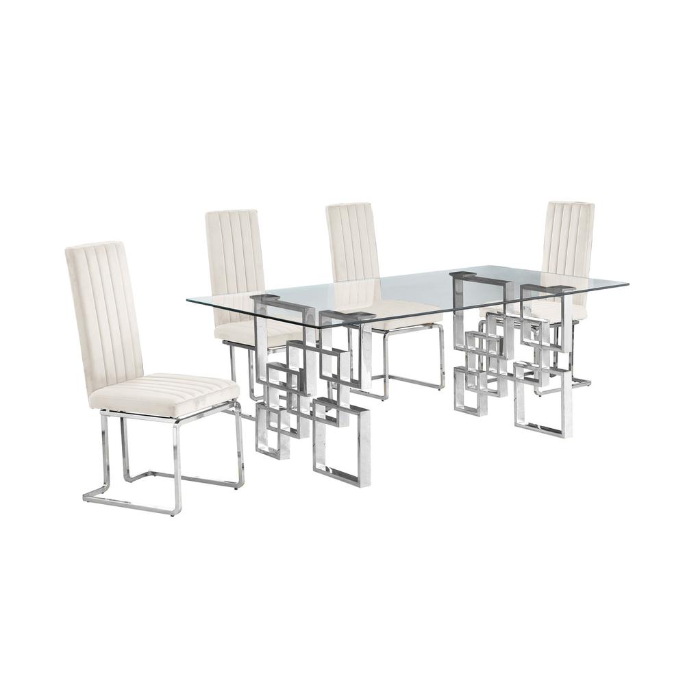 5-piece glam dining set with 4 Cream chairs and one 79″ glass  table