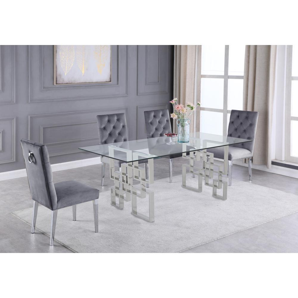 94″ large clear glass dining table w/ silver color stainless steel base