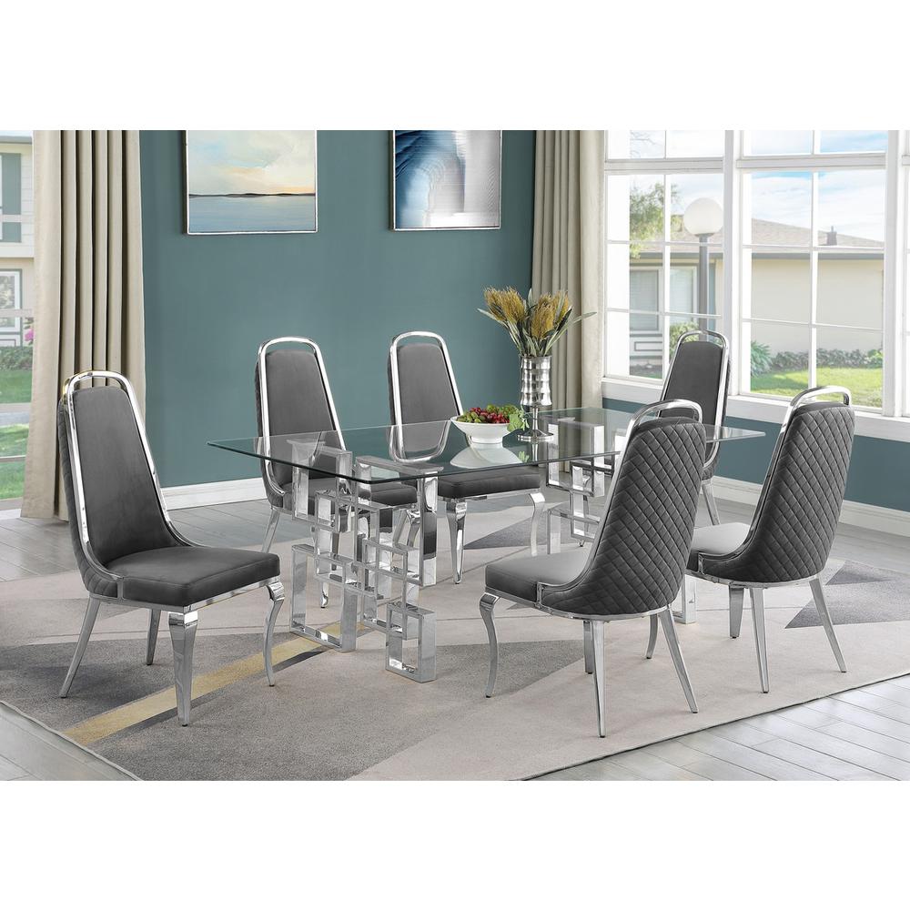 7-piece glam dining set with  6 Dark grey chairs and one 79″ glass dining table