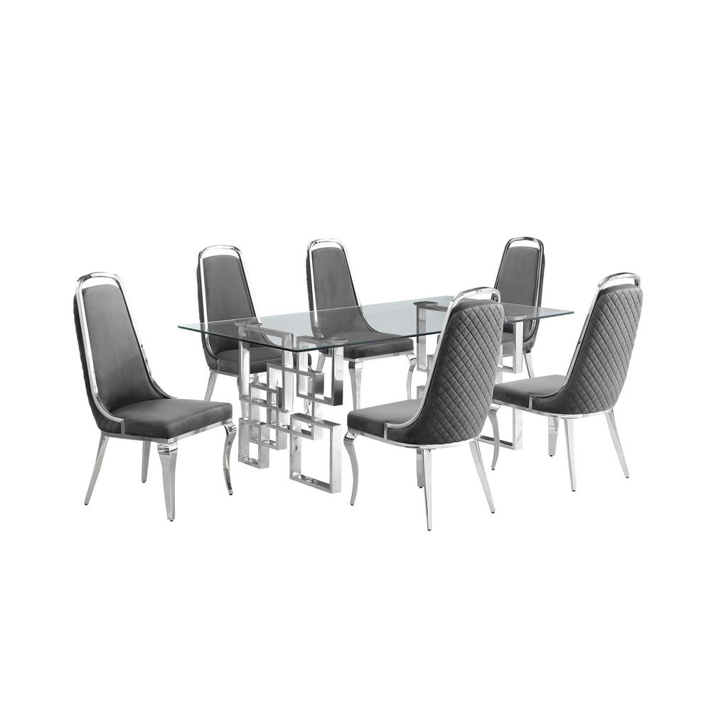7-piece glam dining set with  6 Dark grey chairs and one 79″ glass dining table
