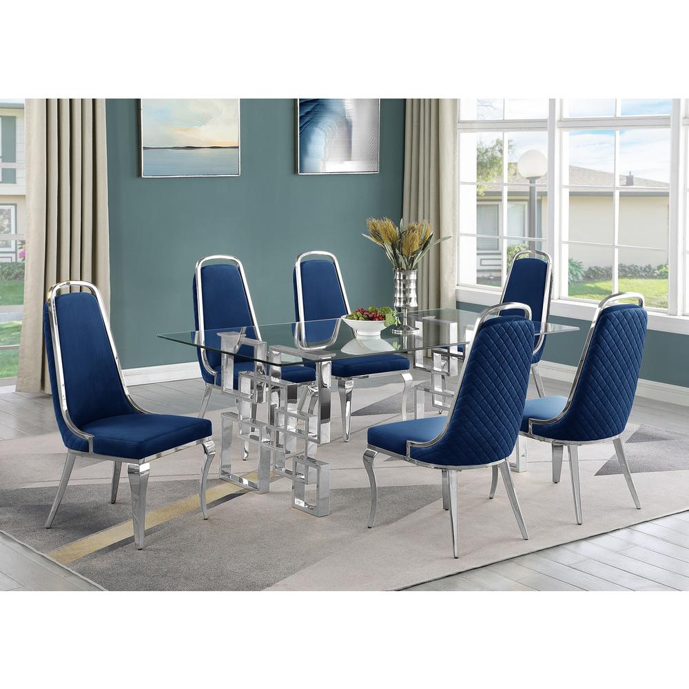 7-piece glam dining set with  6 Navy blue chairs and one 79″ glass dining table