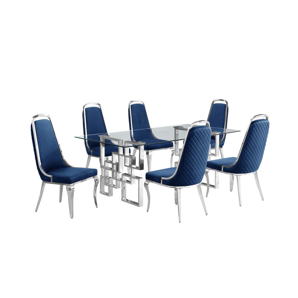 7-piece glam dining set with  6 Navy blue chairs and one 79″ glass dining table