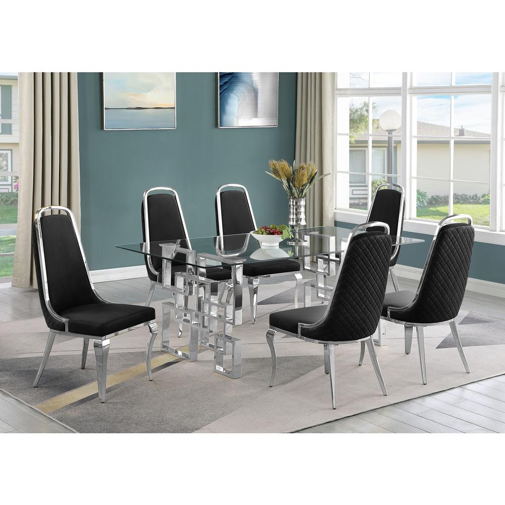 7-piece glam dining set with  6 Black side chairs and one 79″ glass dining table