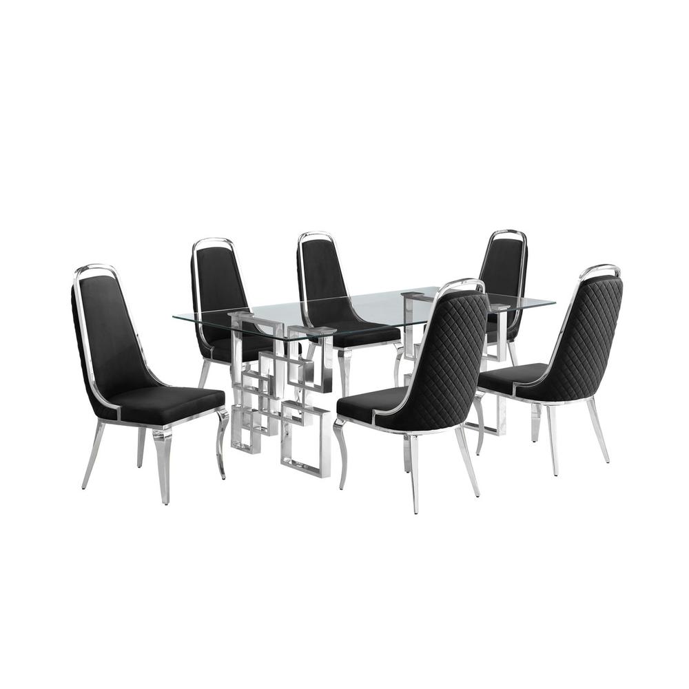 7-piece glam dining set with  6 Black side chairs and one 79″ glass dining table